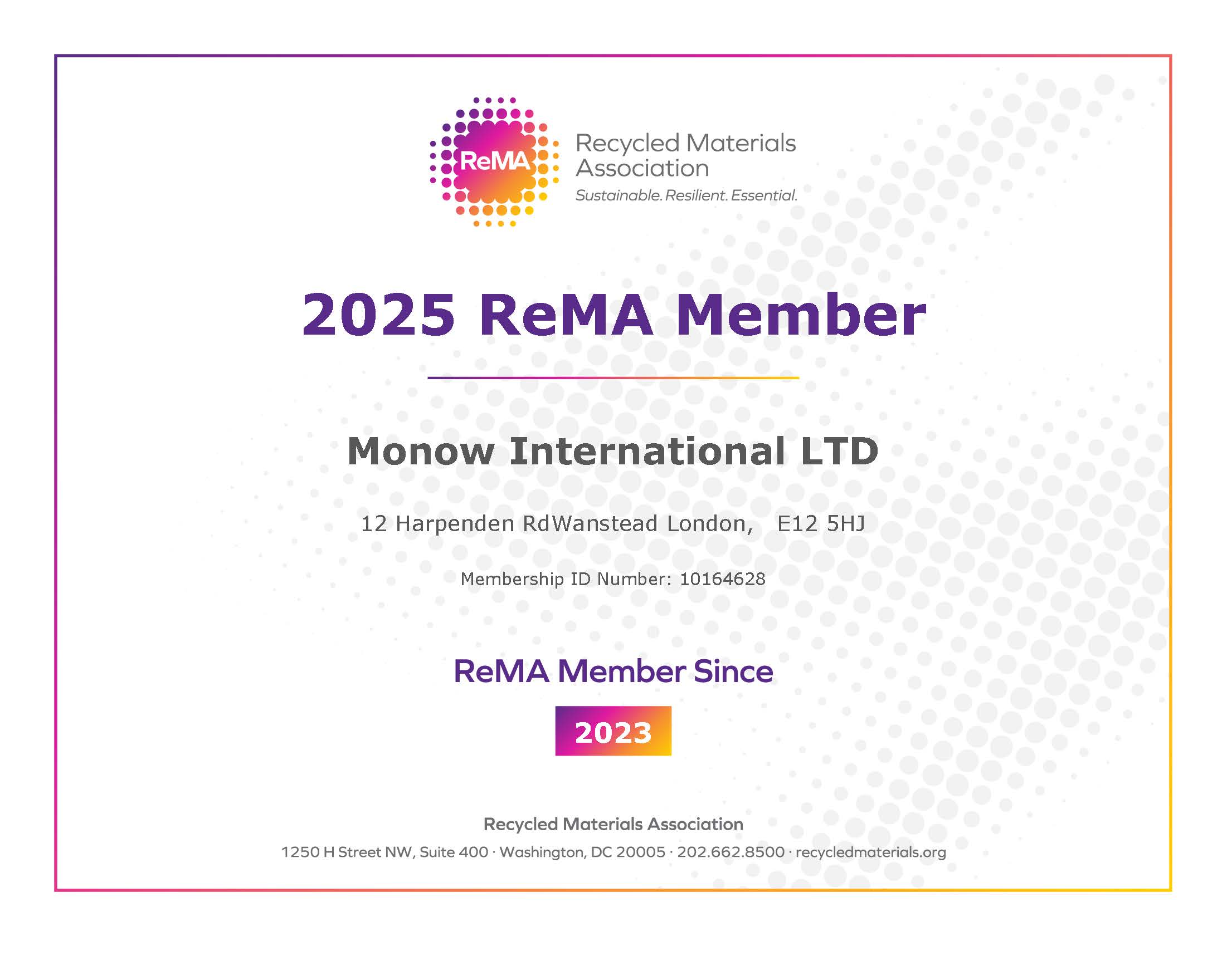 Monow International LTD ReMA Membership Certificate 2025